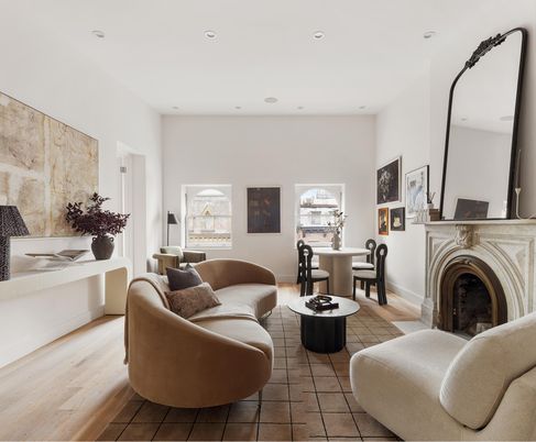 Dining room, Fireplace, Interior, Living room, Recessed Lighting, Wood Texture Flooring