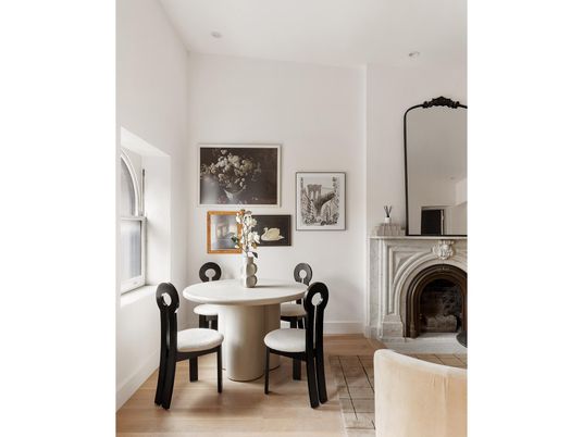 Dining room, Fireplace, Interior, Wood Texture Flooring