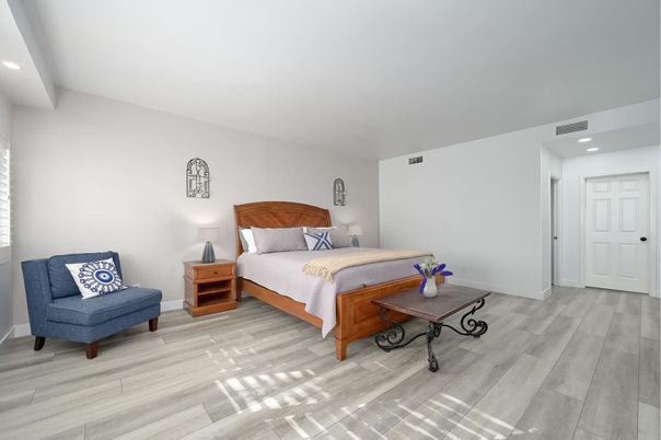 Bedroom, Interior, Recessed Lighting, Wood Texture Flooring
