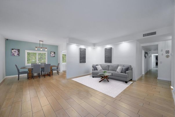Dining room, Interior, Living room, Pendant Lights, Wood Texture Flooring