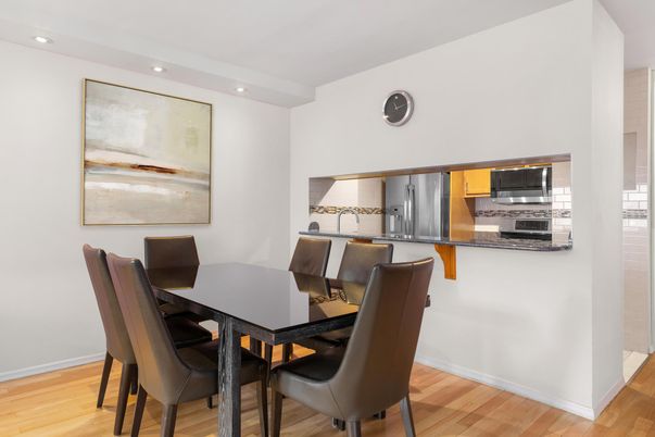 Dining room, Interior, Kitchen, Recessed Lighting, Stainless Steel Appliances, Wood Texture Flooring