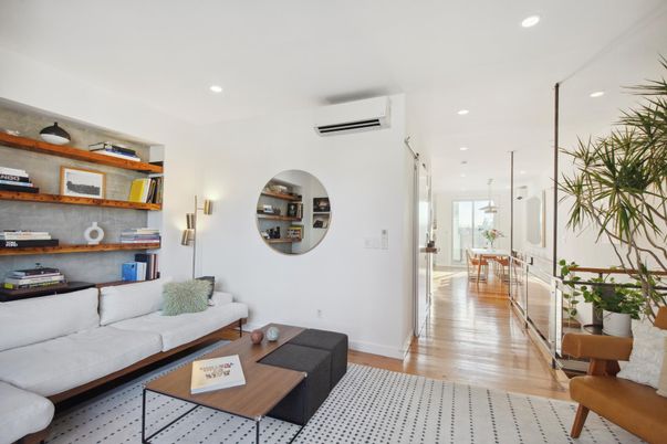 Dining room, Interior, Living room, Pendant Lights, Recessed Lighting, Wood Texture Flooring
