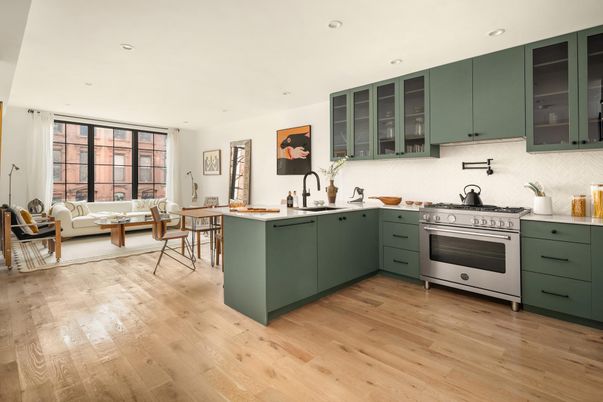 Interior, Kitchen, Living room, Recessed Lighting, Stainless Steel Appliances, Wood Texture Flooring