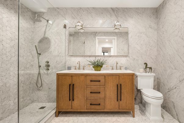 Bathroom, Dual Sink Vanities, Glass Shower, Interior, Marble, Marble Walls