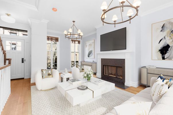 Chandelier, Dining room, Fireplace, Interior, Living room, Pendant Lights, Wood Texture Flooring