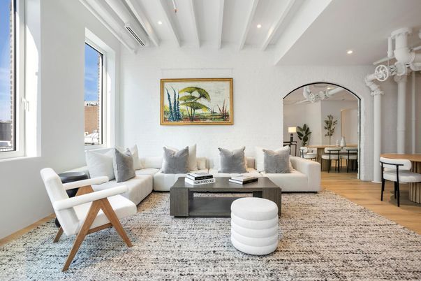 Dining room, Interior, Living room, Recessed Lighting, Wood Texture Flooring
