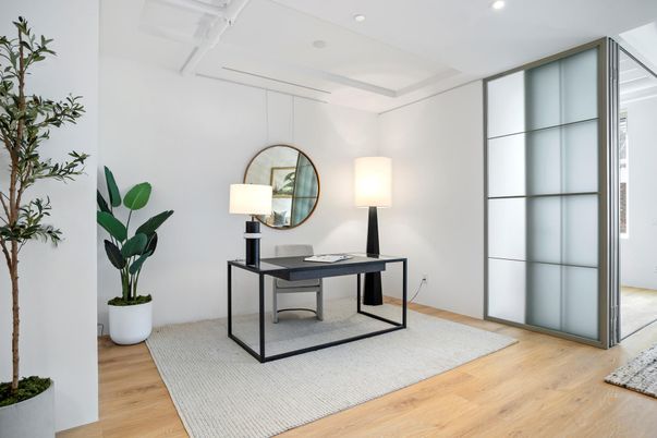 Home Office, Interior, Recessed Lighting, Wood Texture Flooring