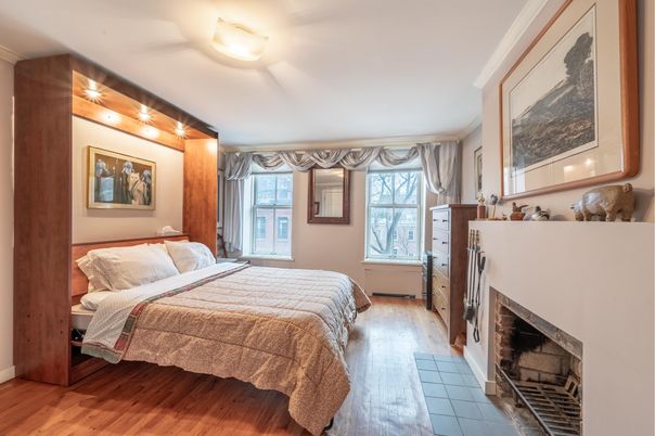Bedroom, Fireplace, Interior, Wood Texture Flooring