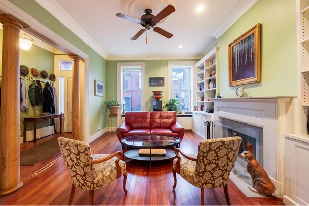 Fireplace, Interior, Living room, Recessed Lighting, Wood Texture Flooring