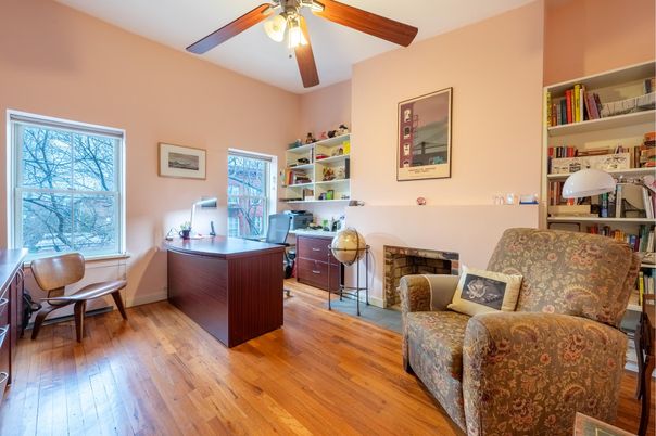 Fireplace, Home Office, Interior, Wood Texture Flooring