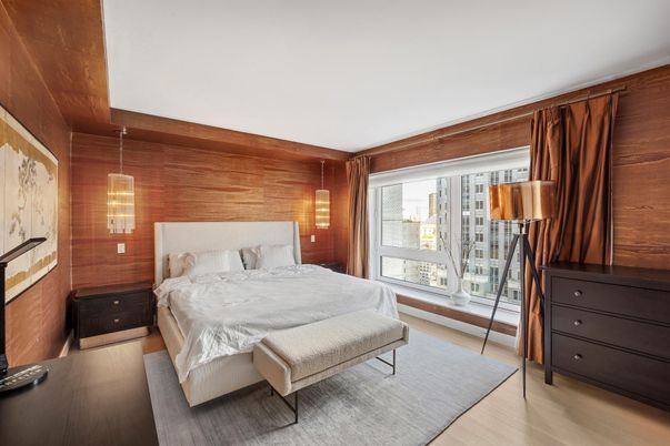 Bedroom, Interior, Pendant Lights, Wood Texture Flooring, Wooden Walls