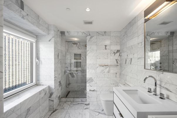 Bathroom, Glass Shower, Interior, Marble, Marble Walls, Recessed Lighting