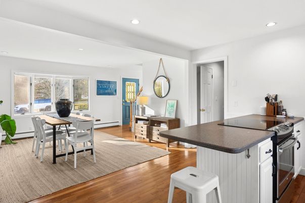 Dining room, Interior, Recessed Lighting, Wood Texture Flooring
