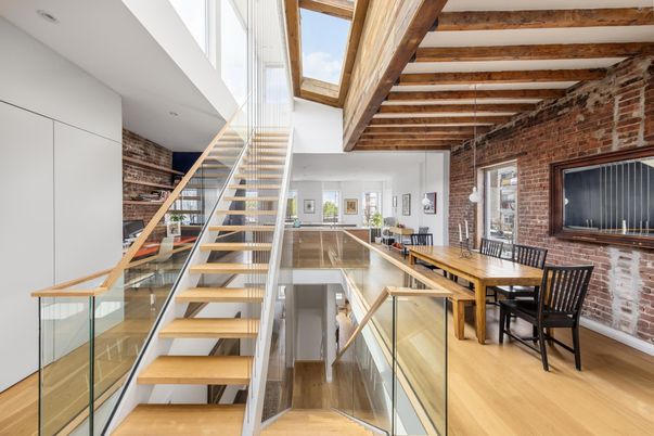 Dining room, Interior, Stone Walls, Wooden Beams, Wood Texture Flooring