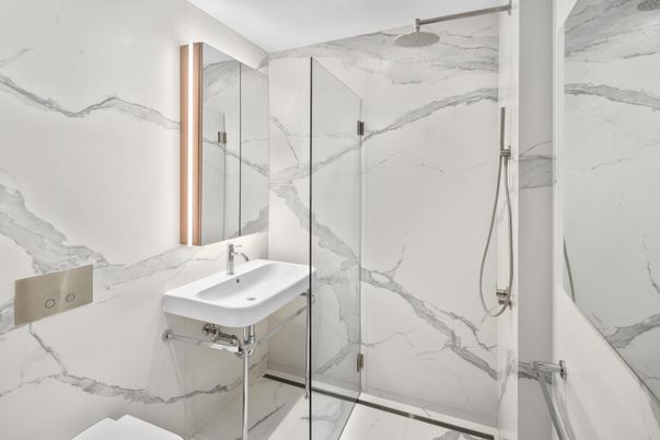 Bathroom, Glass Shower, Interior, Marble Walls