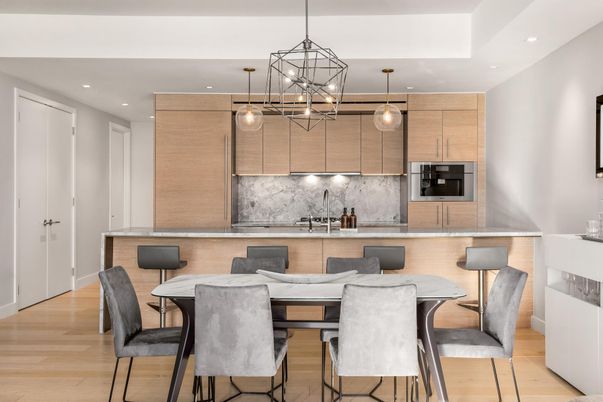 Dining room, Interior, Kitchen, Pendant Lights, Recessed Lighting, Stainless Steel Appliances, Wood Texture Flooring