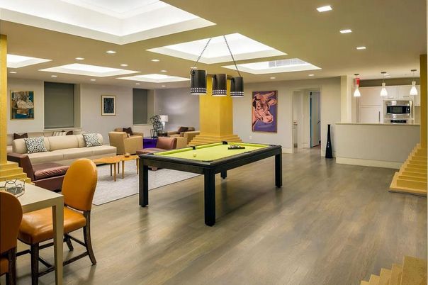 Billiard Table, Game Room, Interior, Living room, Pendant Lights, Recessed Lighting, Wood Texture Flooring