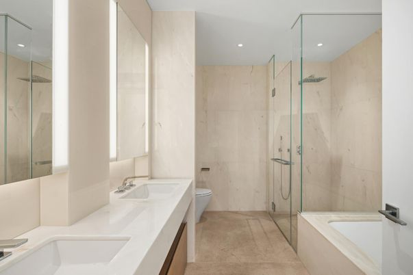 Bathroom, Dual Sink Vanities, Glass Shower, Interior, Marble Walls, Recessed Lighting