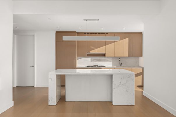 Interior, Kitchen, Marble Walls, Pendant Lights, Recessed Lighting, Wood Texture Flooring