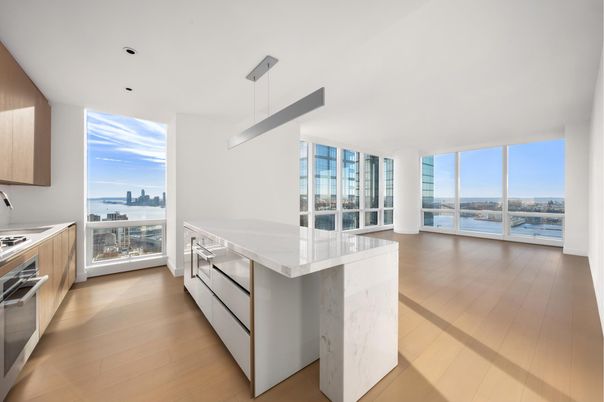 Interior, Kitchen, Pendant Lights, Recessed Lighting, Stainless Steel Appliances, Water, Wood Texture Flooring