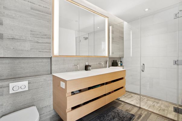 Bathroom, Glass Shower, Interior, Recessed Lighting, Wood Texture Flooring