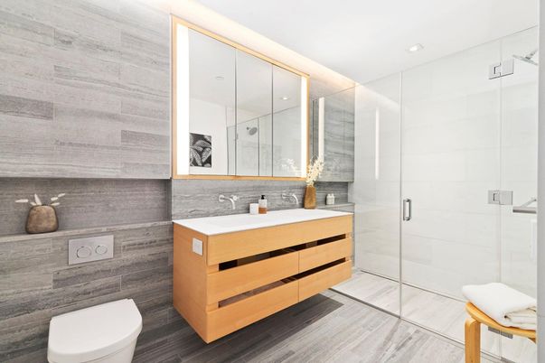 Bathroom, Glass Shower, Interior, Recessed Lighting, Wood Texture Flooring