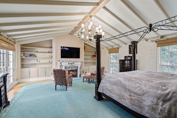 Bedroom, Chandelier, Fireplace, Interior, Wooden Beams