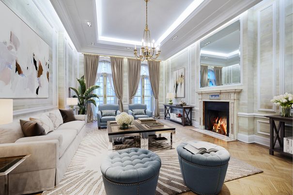 Chandelier, Fireplace, Interior, Living room, Recessed Lighting, Wood Texture Flooring