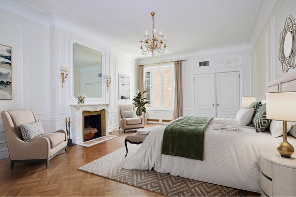 Bedroom, Chandelier, Fireplace, Interior, Wood Texture Flooring