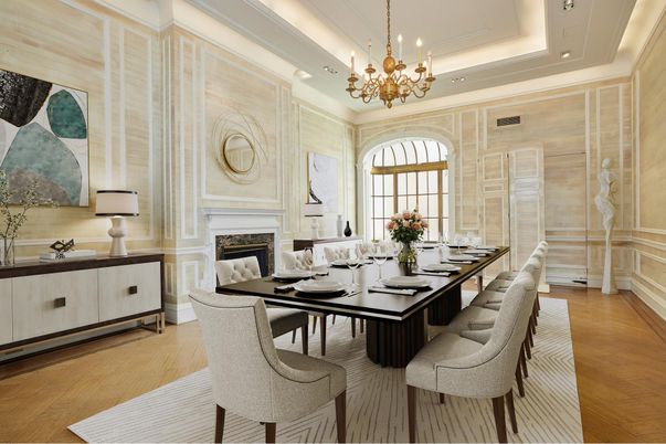 Chandelier, Dining room, Fireplace, Interior, Recessed Lighting, Wood Texture Flooring