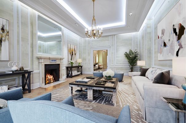 Chandelier, Fireplace, Interior, Living room, Recessed Lighting, Wood Texture Flooring