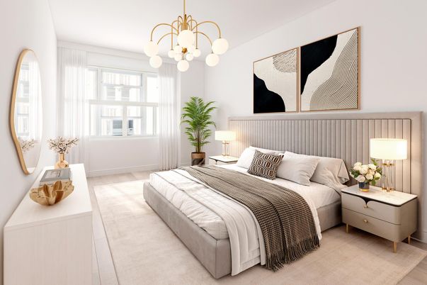 Bedroom, Interior, Pendant Lights, Wood Texture Flooring