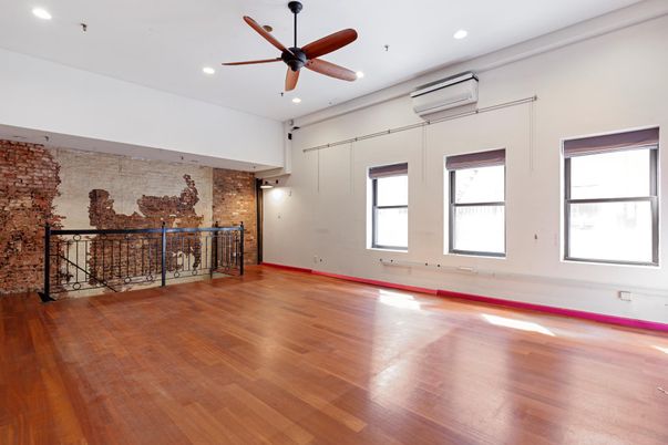 Empty room, Interior, Recessed Lighting, Stone Walls, Wood Texture Flooring