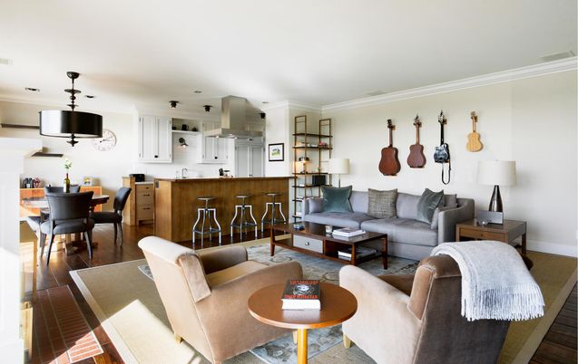 Dining room, Interior, Kitchen, Living room, Pendant Lights, Wood Texture Flooring