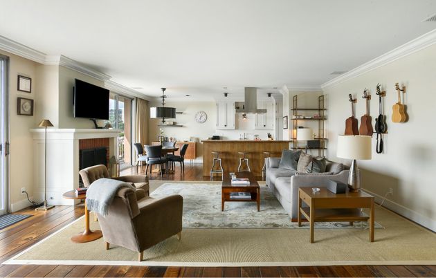Dining room, Fireplace, Interior, Kitchen, Living room, Pendant Lights, Wood Texture Flooring