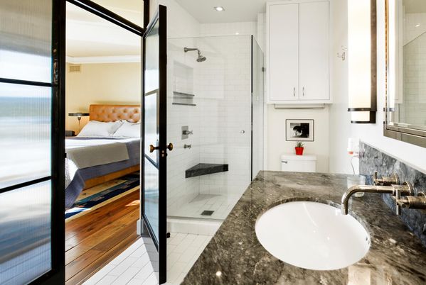 Bathroom, Bedroom, Glass Shower, Interior, Recessed Lighting, Wood Texture Flooring