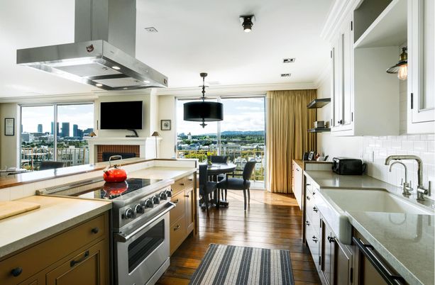 Dining room, Interior, Kitchen, Pendant Lights, Stainless Steel Appliances, Wood Texture Flooring