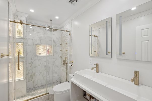 Bathroom, Glass Shower, Interior, Marble Walls, Recessed Lighting