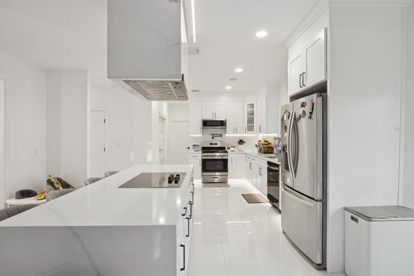 Interior, Kitchen, Marble, Recessed Lighting, Stainless Steel Appliances