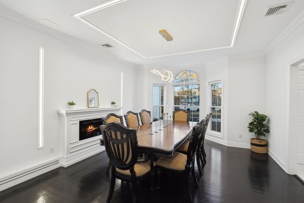 Dining room, Fireplace, Interior, Pendant Lights, Wood Texture Flooring