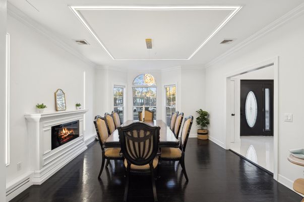 Dining room, Fireplace, Interior, Pendant Lights, Wood Texture Flooring