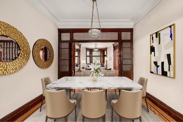 Dining room, Interior, Pendant Lights, Wood Texture Flooring