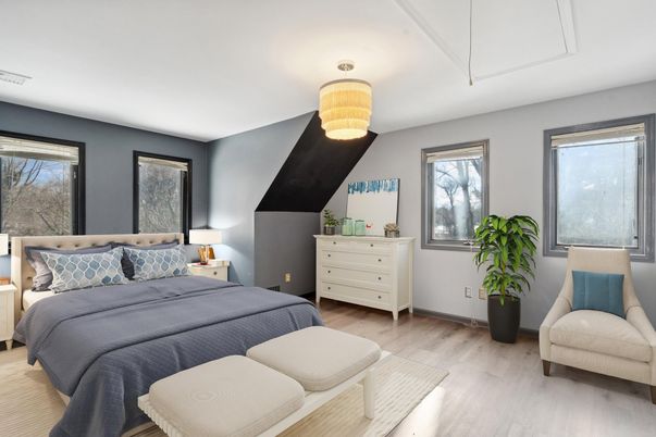Bedroom, Interior, Pendant Lights, Wood Texture Flooring