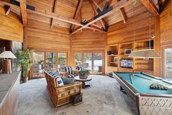 Billiard Table, Game Room, Interior, Pendant Lights, Wooden Beams, Wooden Ceilings, Wooden Walls