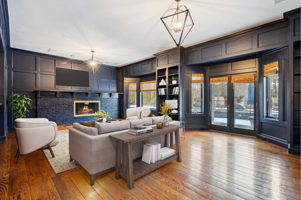 Fireplace, Interior, Living room, Pendant Lights, Wood Texture Flooring