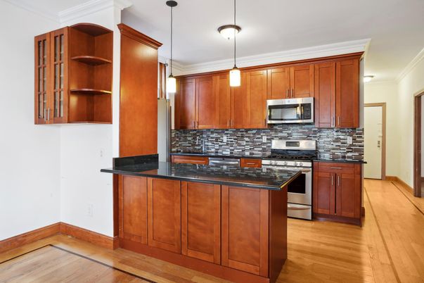 Interior, Kitchen, Pendant Lights, Stainless Steel Appliances, Wood Texture Flooring