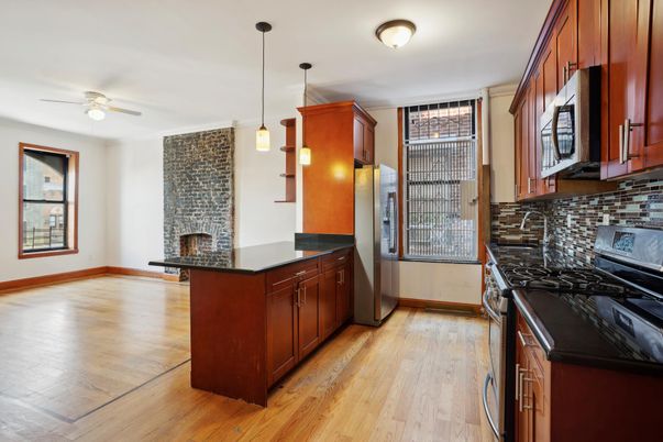 Fireplace, Interior, Kitchen, Pendant Lights, Wood Texture Flooring