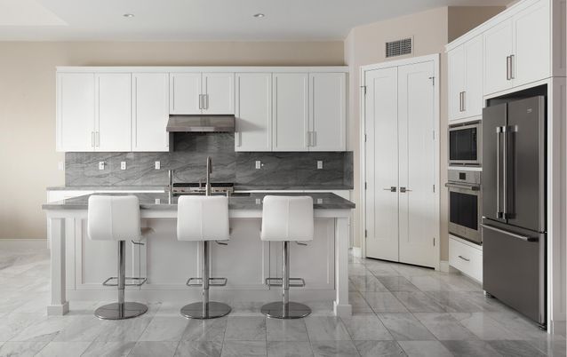 Interior, Kitchen, Marble, Recessed Lighting, Stainless Steel Appliances