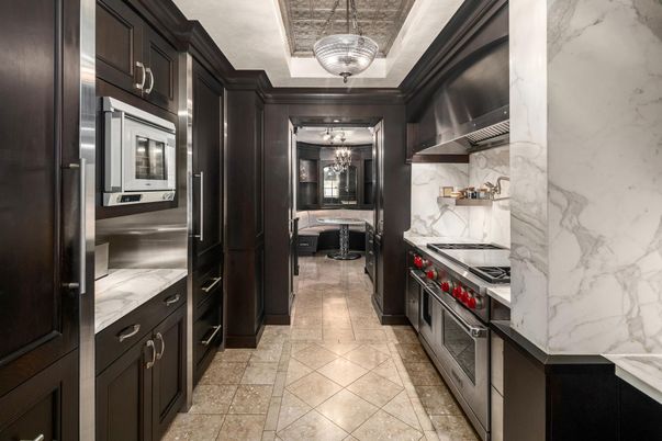 Chandelier, Interior, Kitchen, Marble Walls, Stainless Steel Appliances