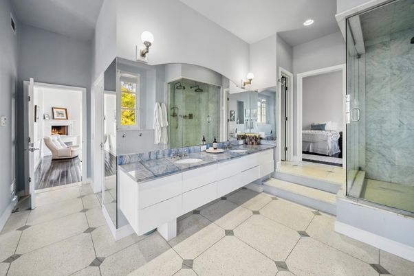 Bathroom, Dual Sink Vanities, Glass Shower, Interior, Marble Walls, Recessed Lighting